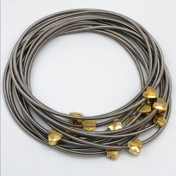 NEW SILVER GOLD HEART PIANO WIRE BRACELET SET - Picture 2 of 4